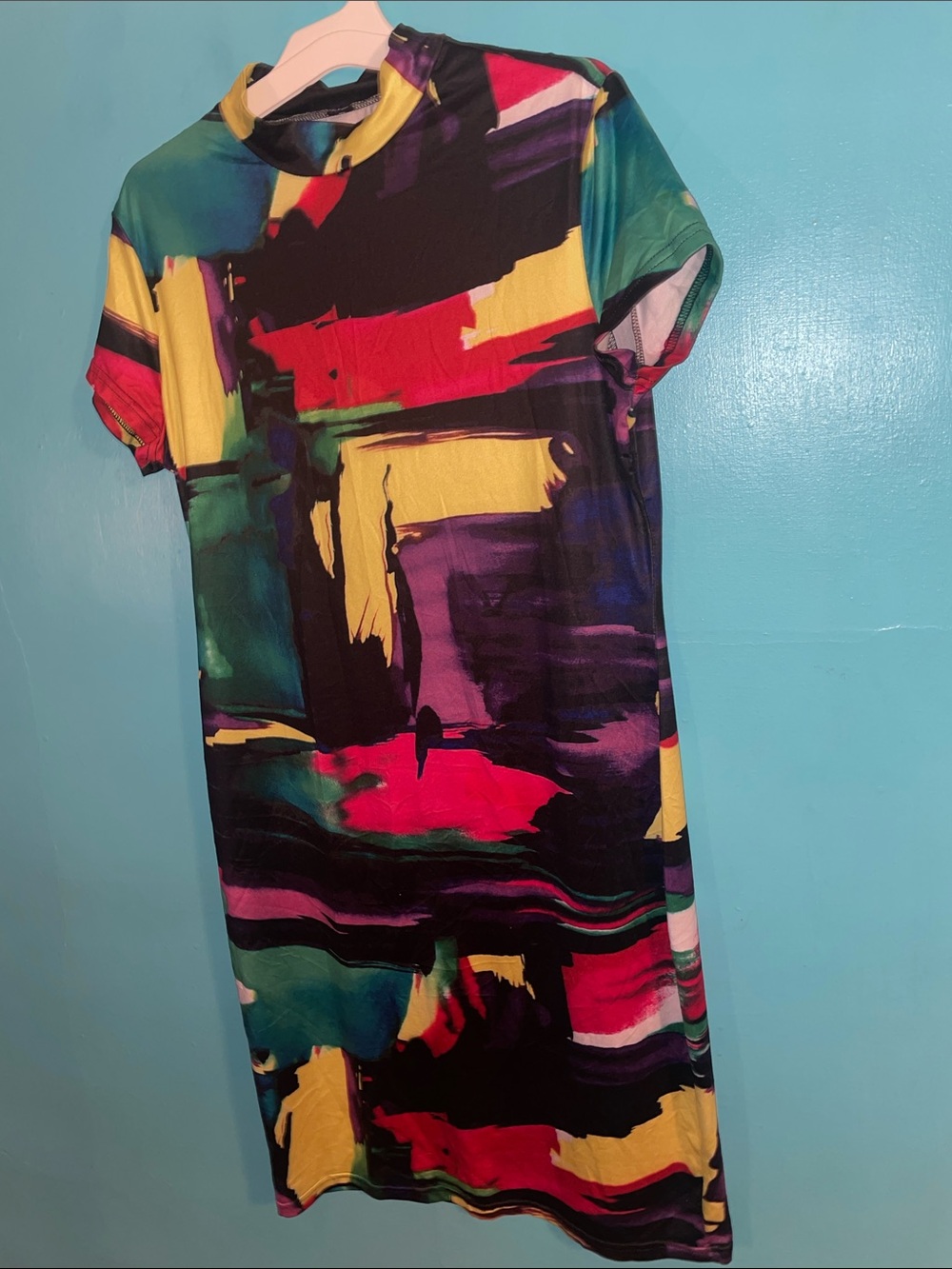 Abstract Multi-Color Short Sleeve Dress - Vibrant Colorblock Print
